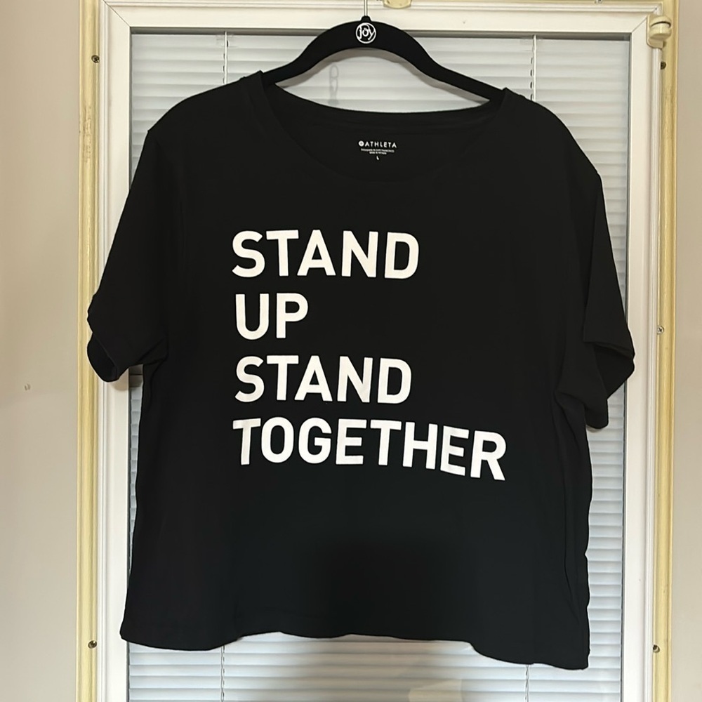 ATHLETA BLACK DAILY CROP TEE STAND UP GRAPHIC SIZE LARGE - Picture 2 of 7